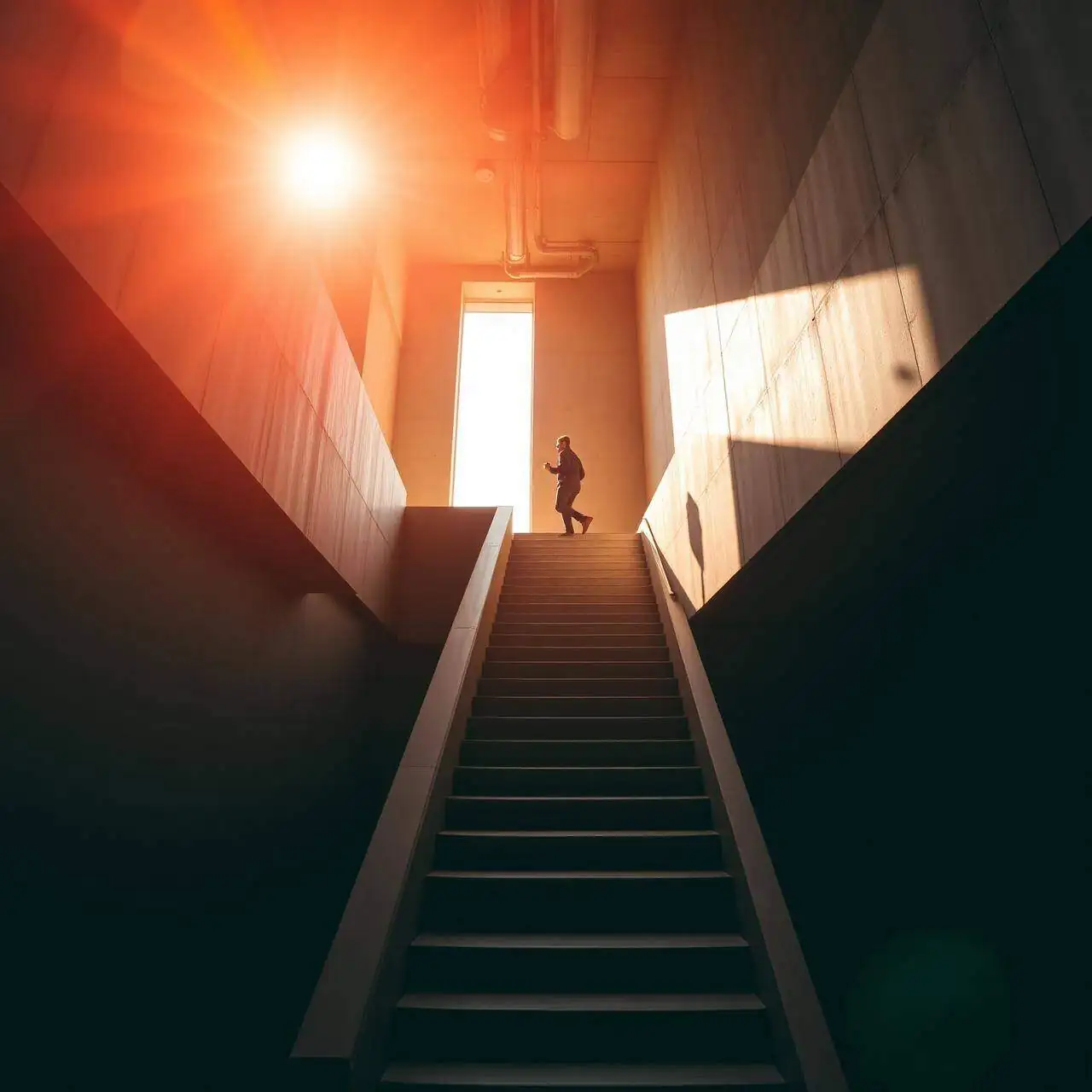 Brutalist concrete staircase ascending toward warm light, single figure mid-climb — Krutash careers