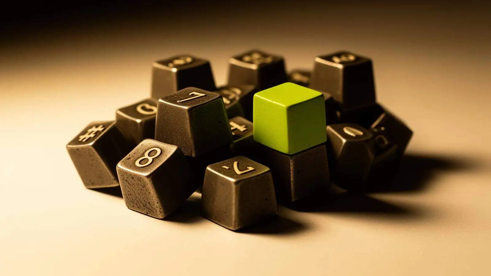Sculptural cluster of dark keycaps with single chartreuse cube — Krutash developer fabric