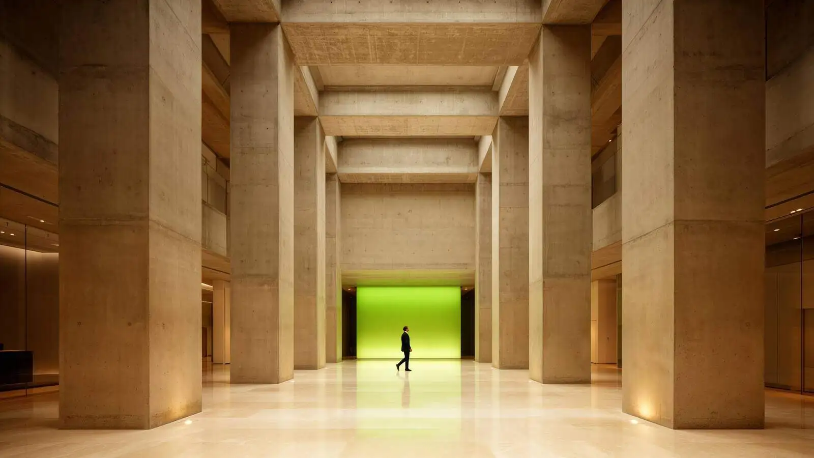 Brutalist corporate atrium with chartreuse light beyond — Krutash enterprise