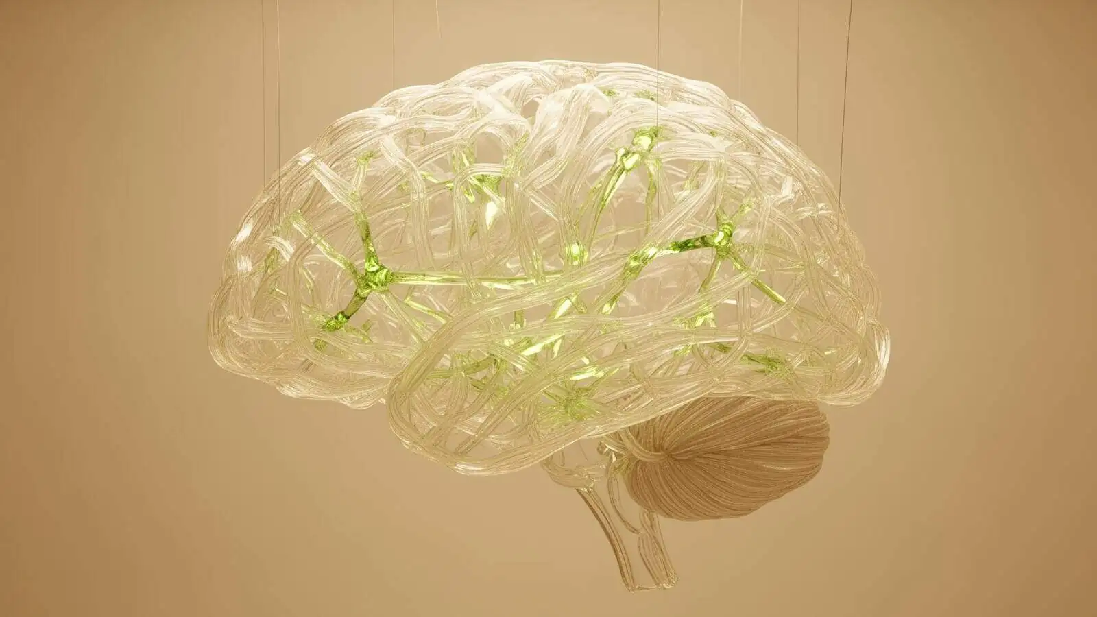 Translucent woven brain form with chartreuse neural junctions — Krutash intelligence engine
